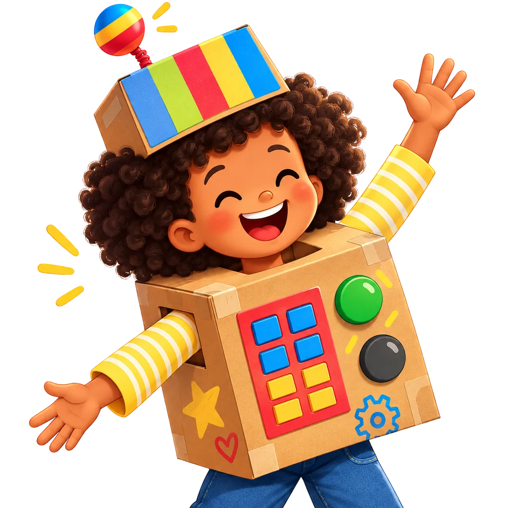 Happy child playing with a cardboard robot